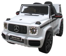 Mercedes G63 Biały Piankowe koła Eva, miękki fotelik Licencja Akumulator Litowo-jonowy