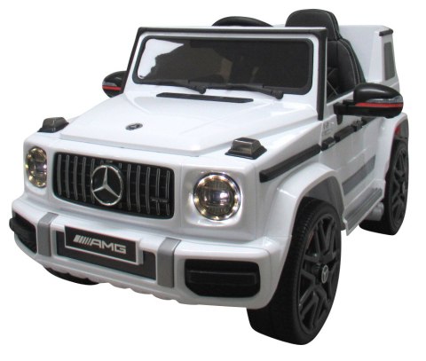 Mercedes G63 Biały Piankowe koła Eva, miękki fotelik Licencja Akumulator Litowo-jonowy