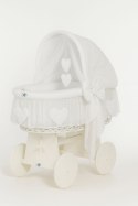 Wiklinowy kosz Mojżesza ze składaną budką Amelia - biały + biała pościel