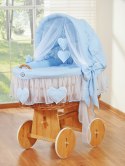 Wiklinowy kosz Mojżesza ze składaną budką Amelia - naturalny + niebieska pościel