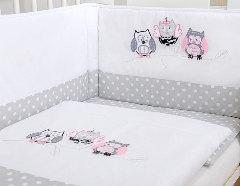 Komplet pościeli dla dzieci 135x100cm z ochraniaczem 3-cz Sówki szare z haftem szaro-różowym