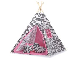 Namiot TIPI dla dzieci + mata + poduszki + zawieszki pióra - Chevron czarny/ciemny róż