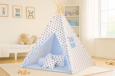 Namiot TIPI dla dzieci + mata + poduszki + zawieszki pióra - Czarne gwiazdki/niebieski