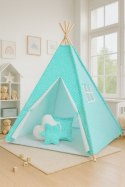 Namiot TIPI dla dzieci + mata + poduszki + zawieszki pióra - Mini rozety miętowe/biały