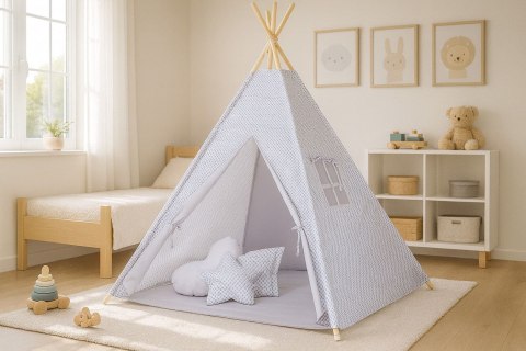 Namiot TIPI dla dzieci +mata + zawieszki pióra - mini-rozeta szara