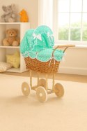 Wiklinowy wózek dla lalek wysoki z miętową pościelką i wyściółką NATALIA naturalny