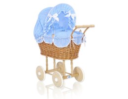 Wiklinowy wózek dla lalek wysoki z niebieską pościelką i wyściółką NATALIA naturalny