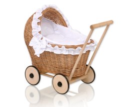 Wiklinowy wózek dla lalek pchacz z białą pościelką i miękką wyściółką CHIARA - naturalny
