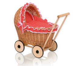 Wiklinowy wózek dla lalek pchacz z czerwoną pościelką i miękką wyściółką CHIARA - naturalny