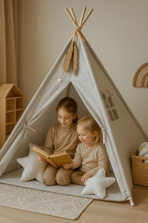 Namiot TIPI dla dzieci + mata + poduszki + zawieszki pióra - szary