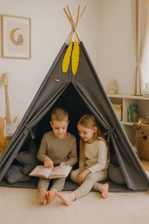 Namiot TIPI dla dzieci +mata + zawieszki pióra - antracyt