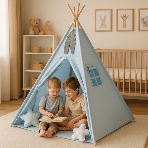 Namiot TIPI dla dzieci +mata + zawieszki pióra - niebieski
