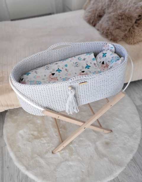 Kosz Mojżesza BOHO bawełniany Handmade z materacykiem - jasny szary