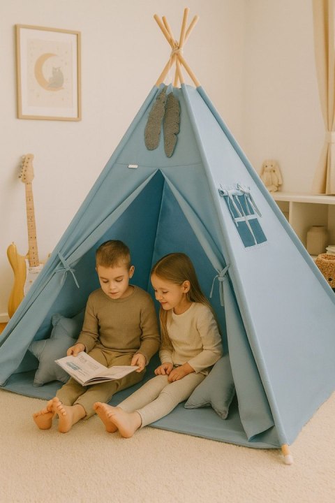 Namiot TIPI dla dzieci + mata + poduszki + zawieszki pióra - brudny niebieski