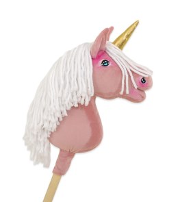 Hobby Horse Jednorożec na kiju brudny róż z białą grzywą i złotym rogiem A4