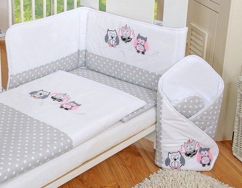 Komplet pościeli dla dzieci 120x90cm z ochraniaczem 3-cz Sówki szare z haftem szaro-różowym