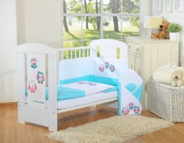 Komplet pościeli dla dzieci 120x90cm z ochraniaczem 3-cz Sówki turkusowe z haftem różowo-turkusowym