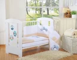 Komplet pościeli dla dzieci 135x100cm z ochraniaczem 3-cz Sówki beżowe z haftem beżowo-niebieskim