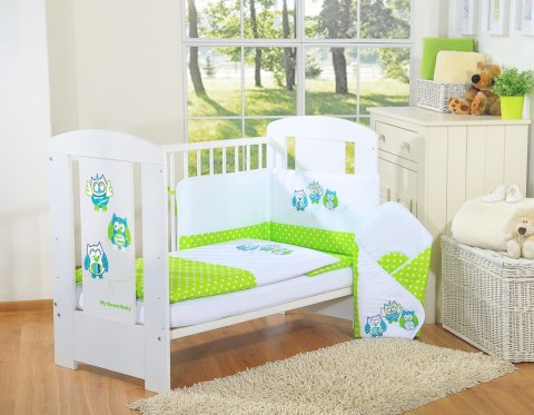 Komplet pościeli dla dzieci 135x100cm z ochraniaczem 3-cz Sówki zielone z haftem zielono-turkusowym